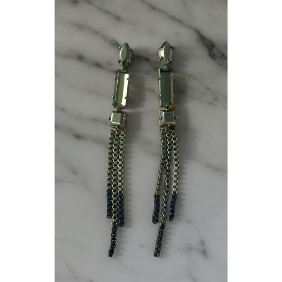 Silver black and rhinestone Rock N Roll Chain Earrings Long Dangle - Picture 1 of 4